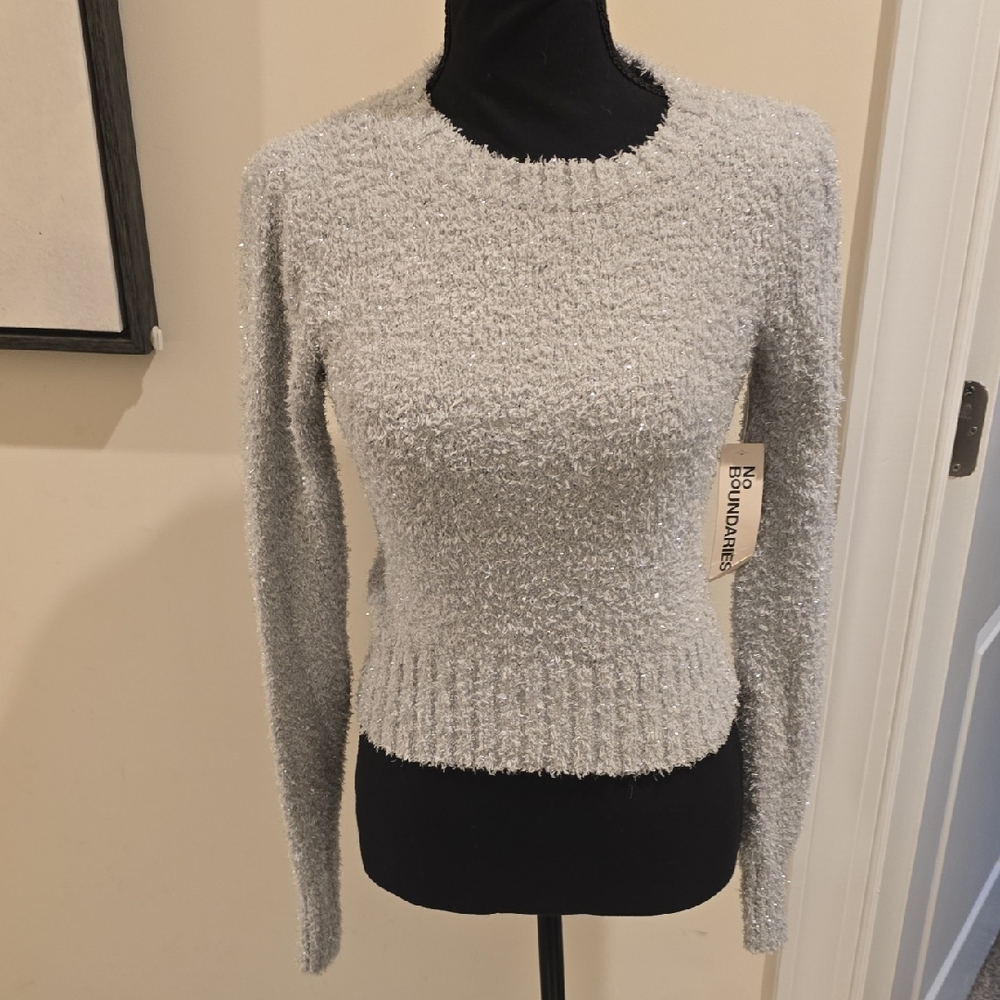 Women's Soft Sparkly Fuzzy Sweater - Light Gray